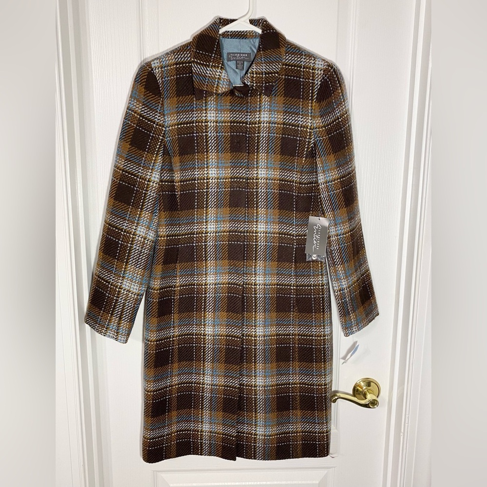 NWT Y2K Classiques Entier Plaid Wool Coat Vintage Brown Blue Size 2 Petite